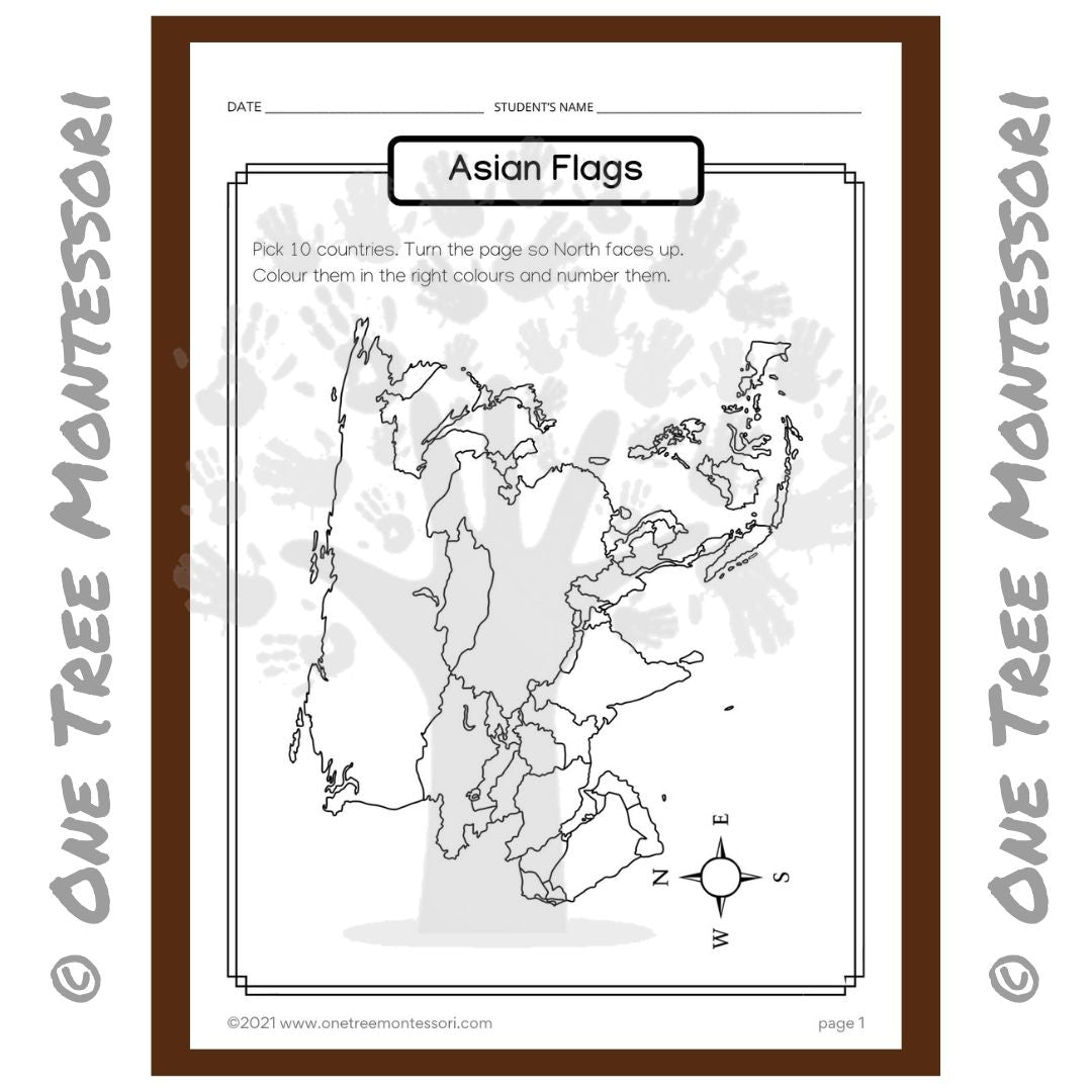 Asian Flag Color Worksheet Worksheet: Asian Flags - Free for Subscribers – One Tree Montessori ...